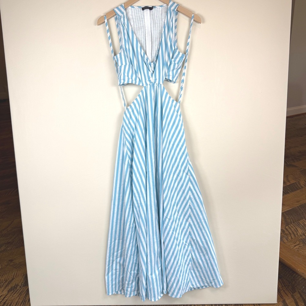Vineyard Vines Cut Out Midi Dress Mist Blue White Stripe Sleeveless 0 Coastal - Picture 3 of 11